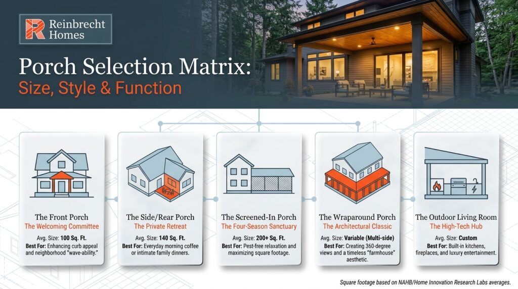 Porch selection matrix showcasing sizes, styles, and functions for ideal outdoor spaces.