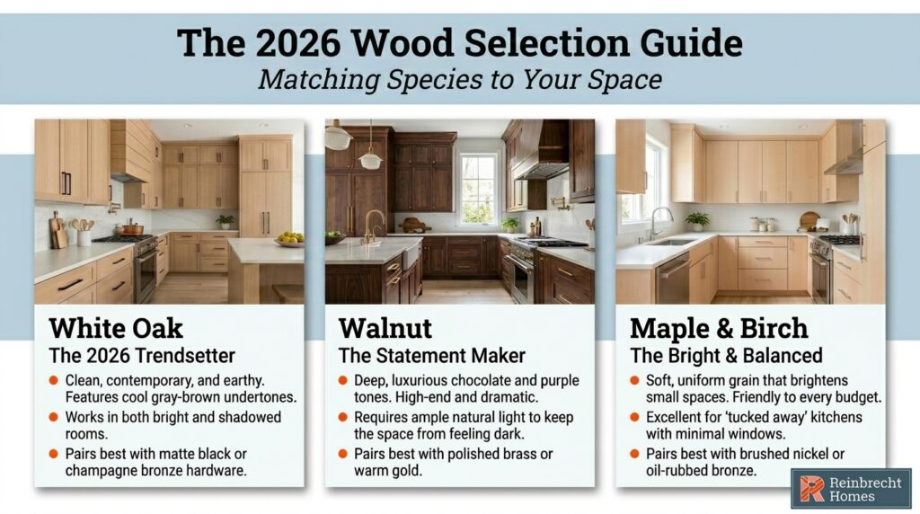 2026 Wood Selection Guide for White Oak, Walnut, Maple, and Birch kitchen designs.