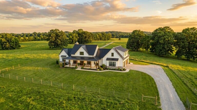 Idyllic farmhouse surrounded by vibrant green fields and peaceful countryside views.