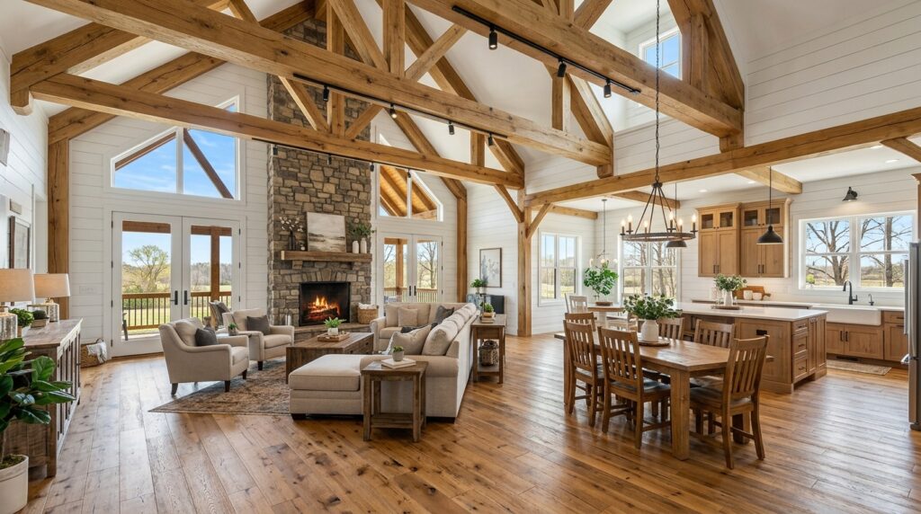 Inviting rustic living room featuring exposed beams and a warm fireplace.