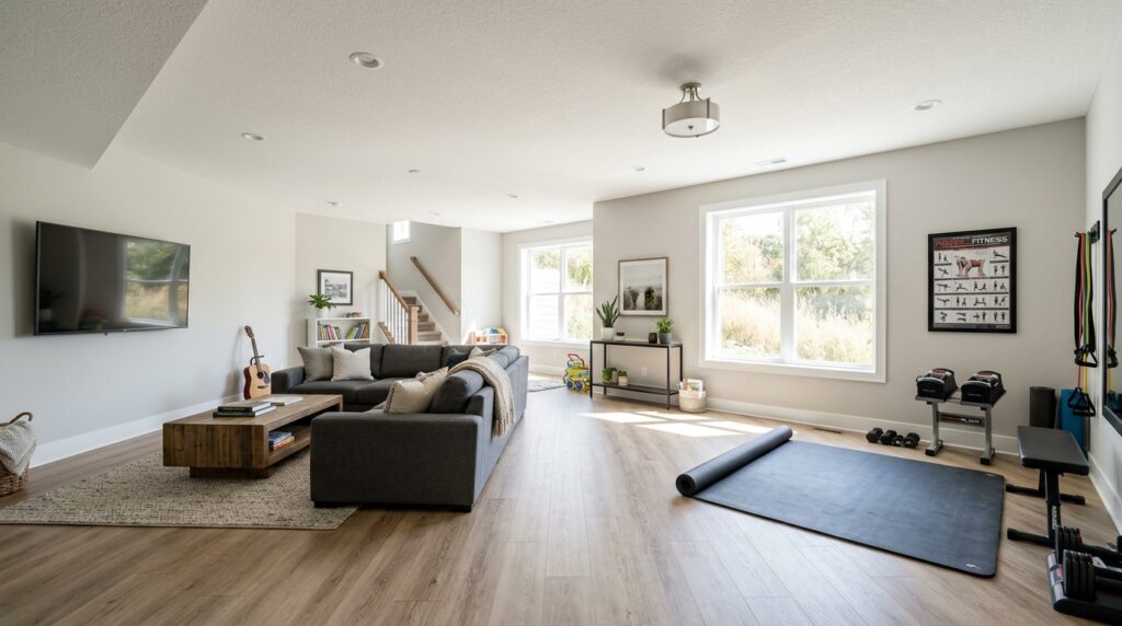 Cozy modern basement living room filled with natural light and fitness space.