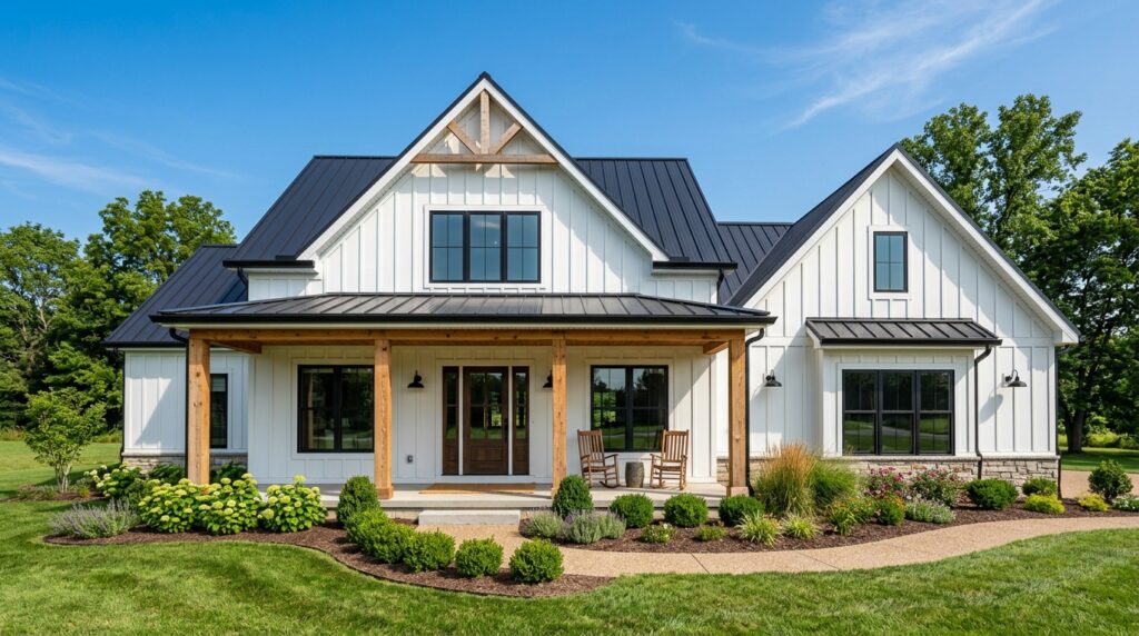 Inviting modern farmhouse with beautiful landscaping and a welcoming porch.