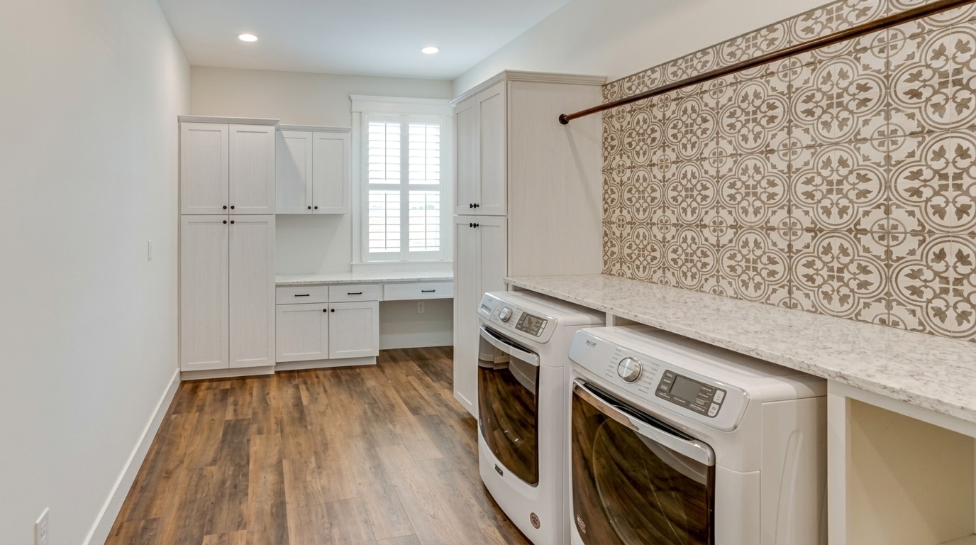 Stylish modern laundry room with elegant tile accents and efficient appliances.