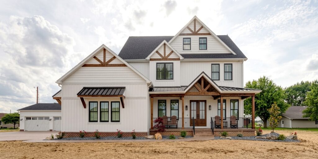 Modern home with charming curb appeal, large windows, and a welcoming porch.
