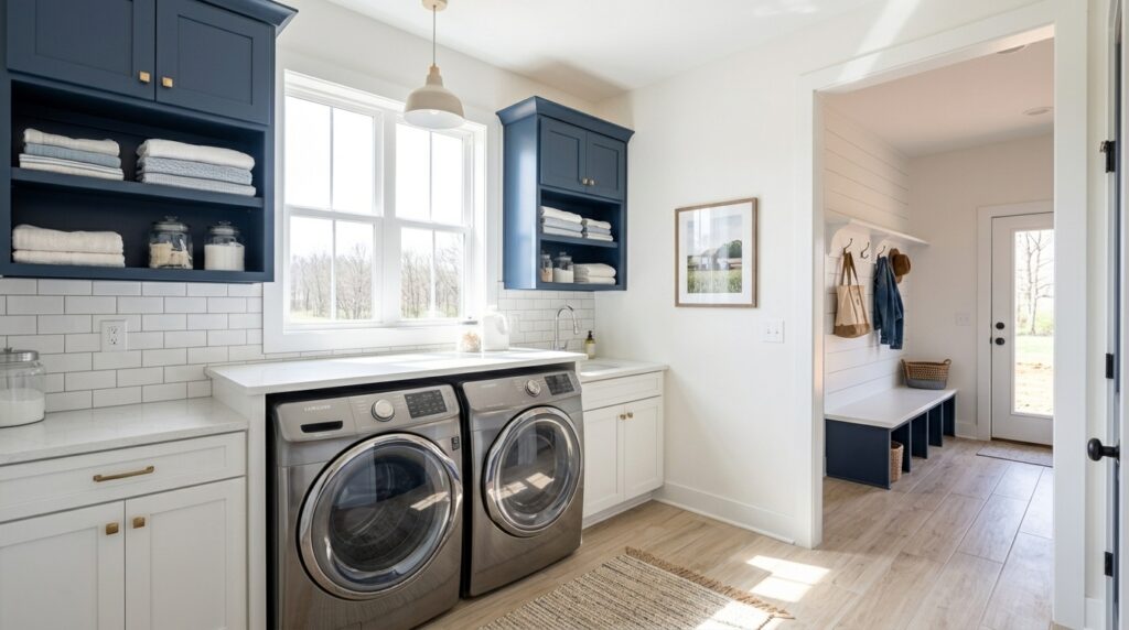 Stylish laundry room with modern appliances and organized storage solutions.