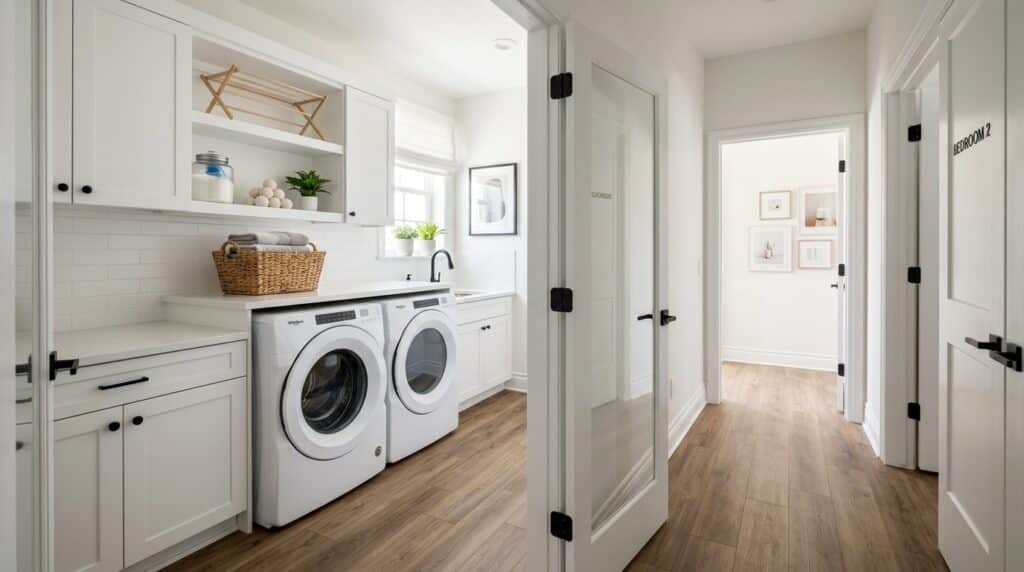 Sleek modern laundry room with white appliances and stylish cabinetry.