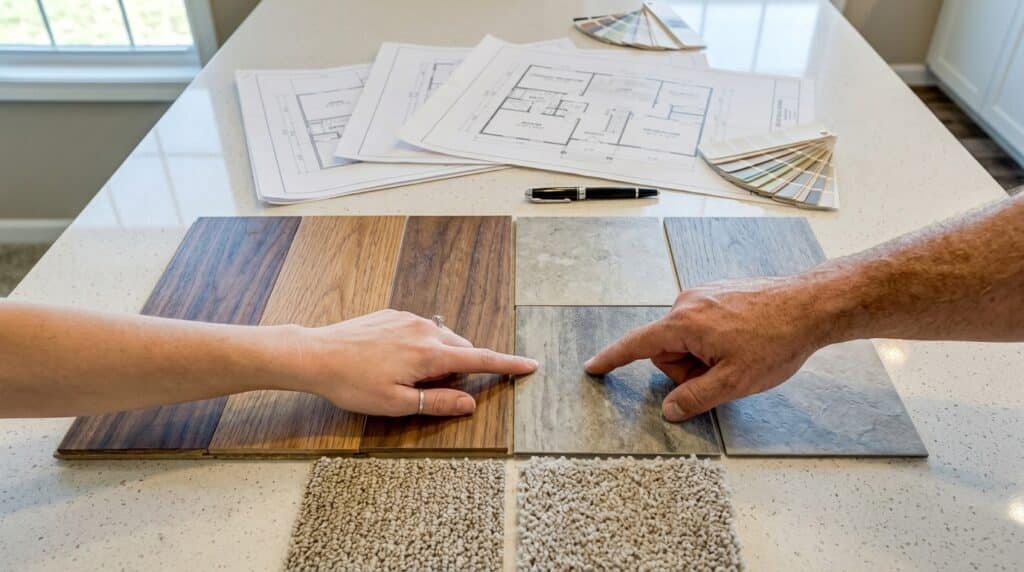 Selecting flooring samples for home renovation with design plans.