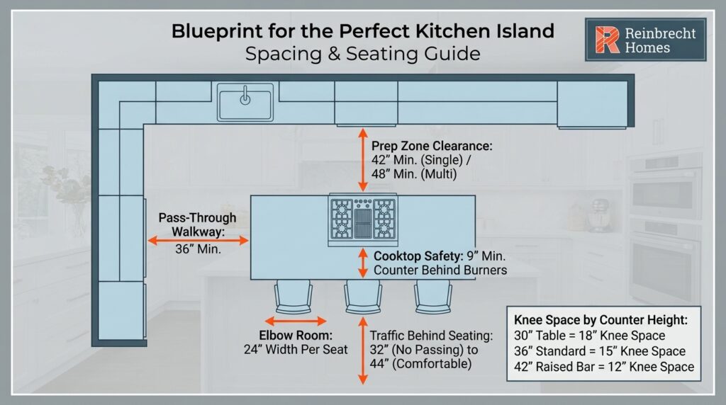 Kitchen island spacing guide with optimal sizes for comfort and functionality.