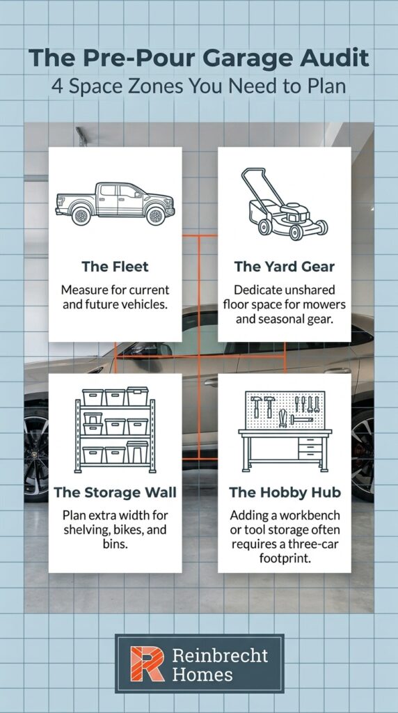 Pre-pour garage audit highlights two-car garage dimensions and essential space planning zones.
