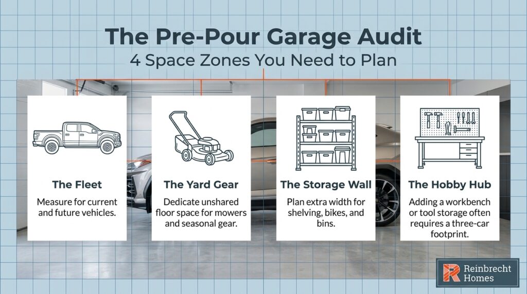 Plan your 2 car garage dimensions with these four essential space zones for organization.