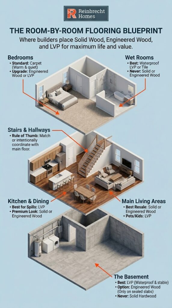 Flooring options comparison: hardwood, engineered wood, and LVP for different home areas.