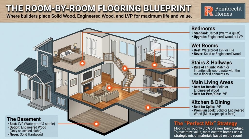 Compare hardwood, engineered hardwood, and LVP for optimal room flooring choices.