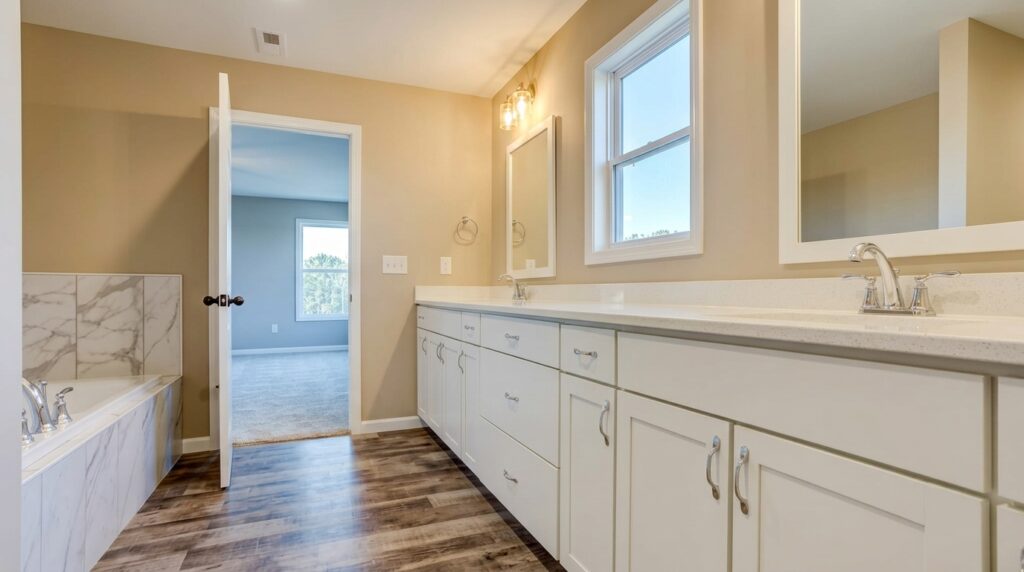 Bright and spacious modern bathroom with elegant fixtures and a relaxing tub.