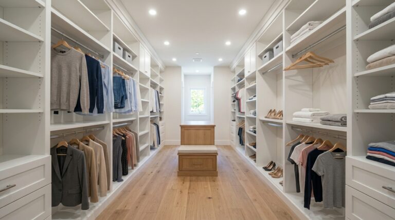 Elegant walk-in closet featuring organized shelves and a stylish clothing island.