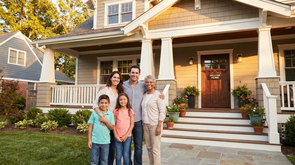 Family enjoying time together at home entrance with welcoming atmosphere and lush greenery.