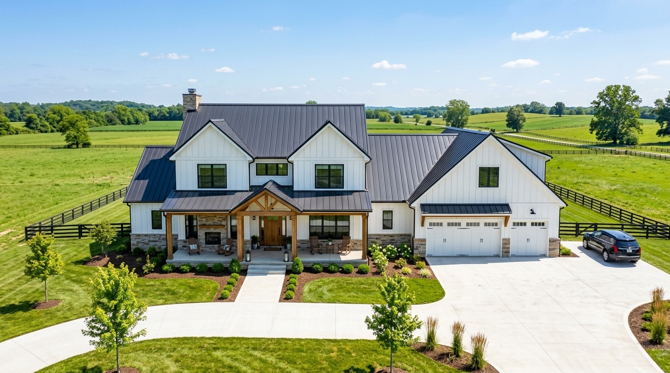Modern farmhouse surrounded by lush landscapes and scenic views.