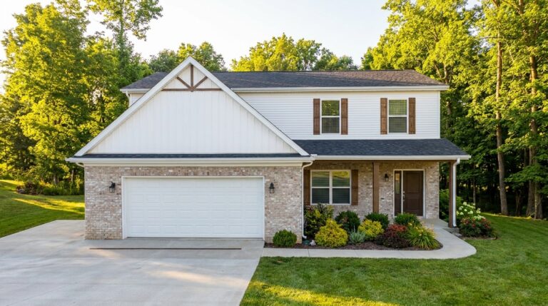 Modern home exterior with lush landscaping and a spacious driveway.