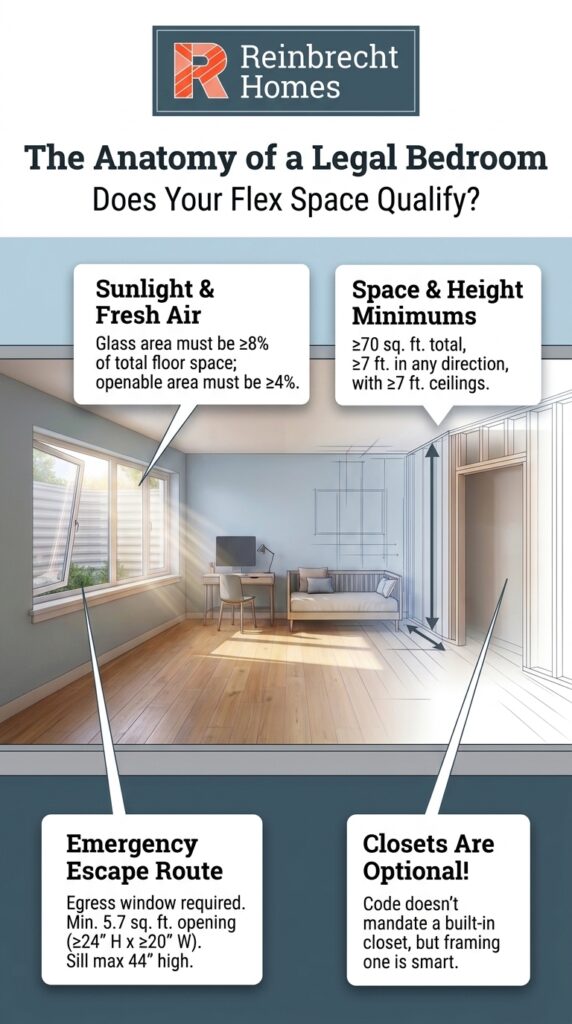Legal bedroom requirements for flex rooms include size, natural light, and emergency escape.