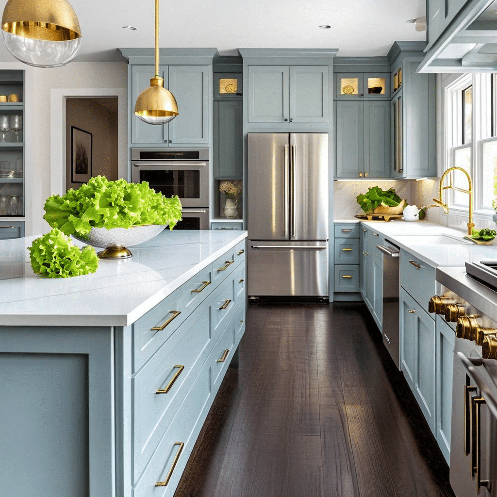 Modern blue kitchen interior featuring fresh lettuce and stylish cabinetry.
