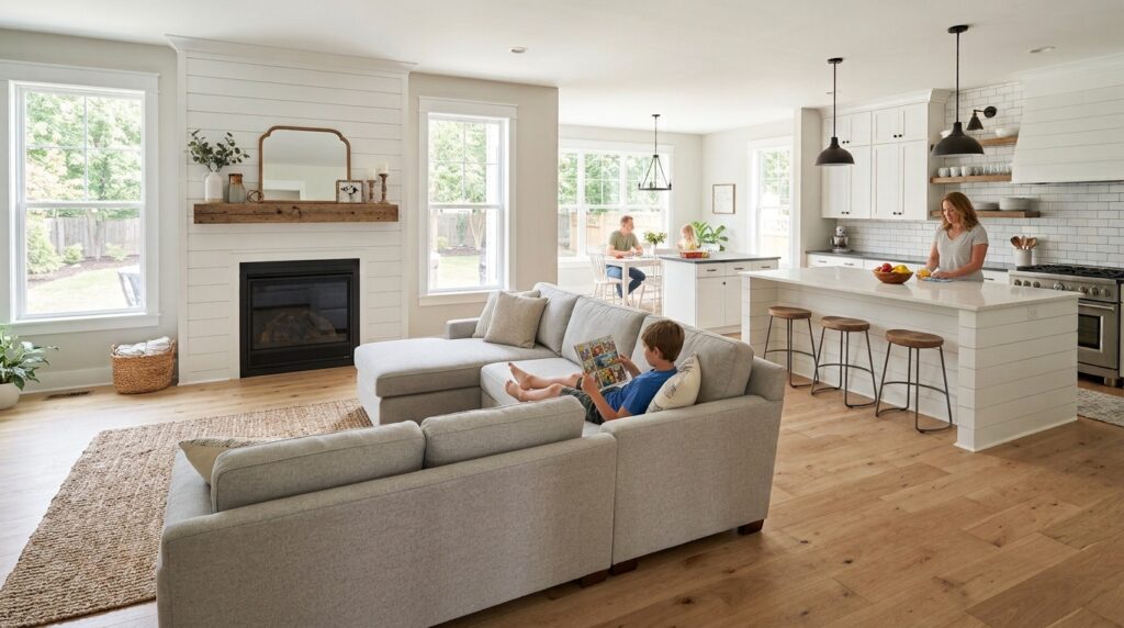 Cozy living room featuring a fireplace, modern decor, and natural light.