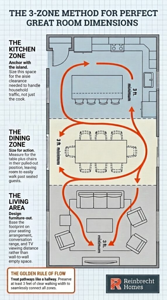 Great room dimensions guide for optimal living and dining space designs.