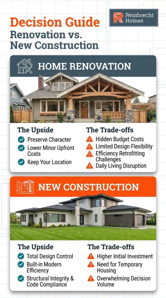 Home renovation versus new construction guide highlighting pros and cons for homeowners.