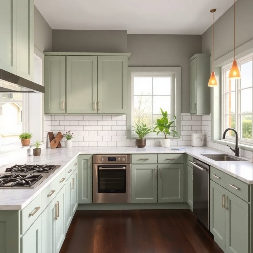 Modern kitchen design with mint green cabinets, stainless steel appliances, and natural light.