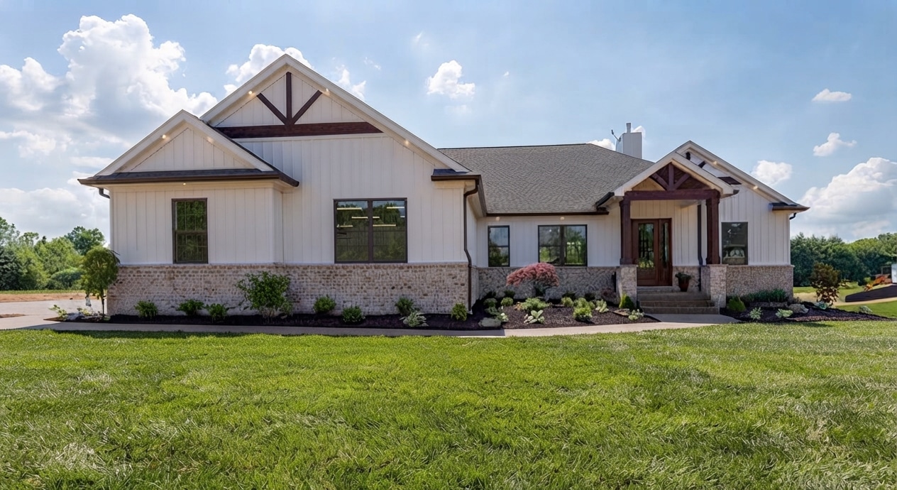 Modern home exterior with a stylish design, lush landscaping, and inviting entryway.