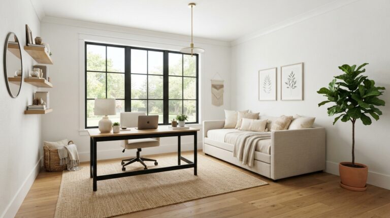 Modern home office design featuring a stylish desk, comfortable sofa, and natural decor elements.