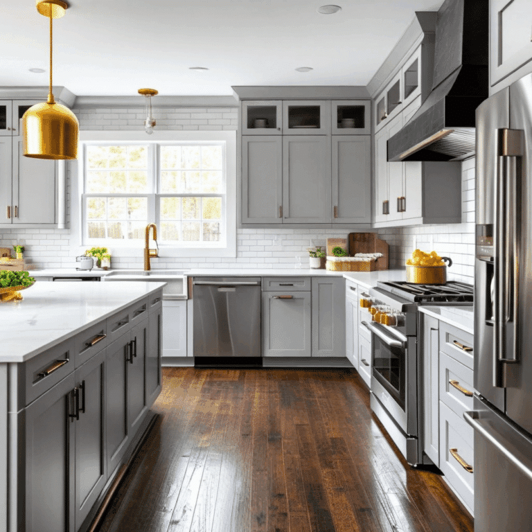 Stylish modern kitchen with gray cabinets, elegant fixtures, and wooden flooring.