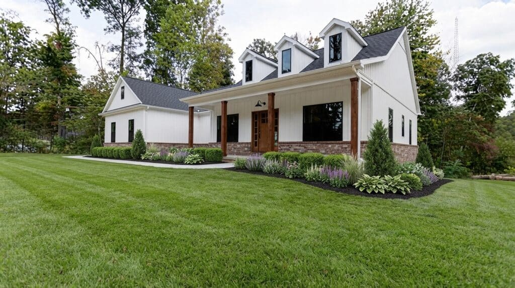Beautiful new home exterior with lush landscaping and modern architectural design.