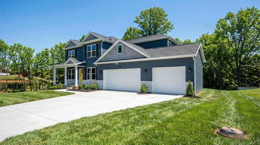 Modern two-story blue house with garage and landscaped yard under clear blue skies.