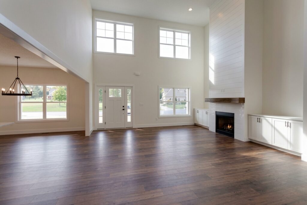 Bright and airy spacious living room with large windows and elegant wood accents.