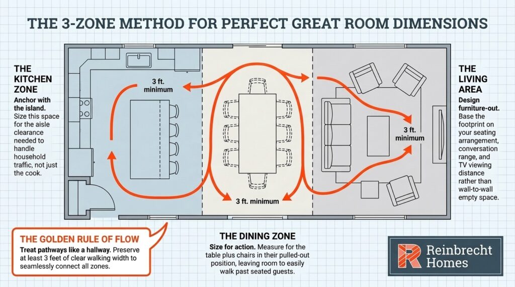 Optimal great room dimensions using the three-zone method for layout efficiency.