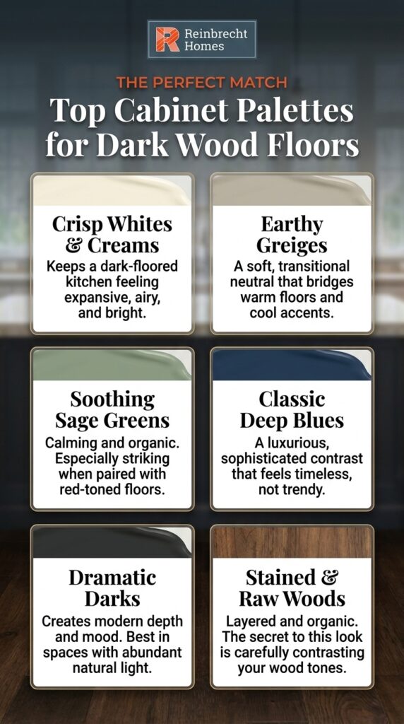 Top cabinet colors that pair beautifully with dark wood floors for stylish kitchens.