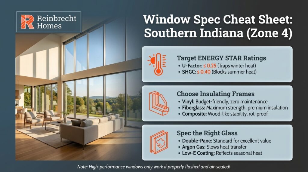 Window specifications for new construction in Southern Indiana, focusing on energy efficiency.