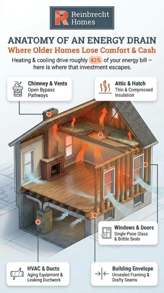 Energy efficiency tips for older homes addressing common energy drains and insulation issues.