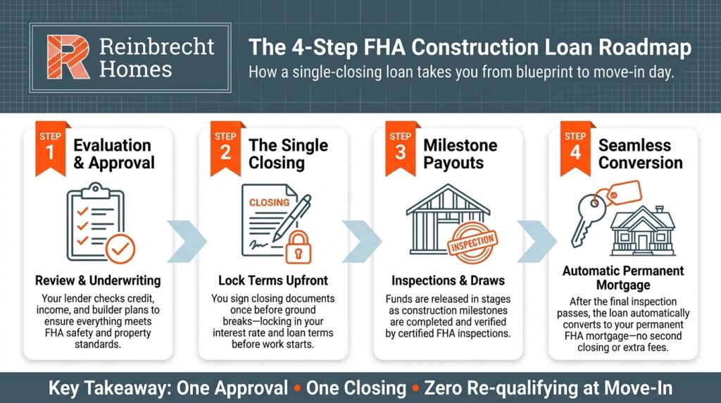 FHA construction loan roadmap details evaluation, approval, and steps to move-in day.