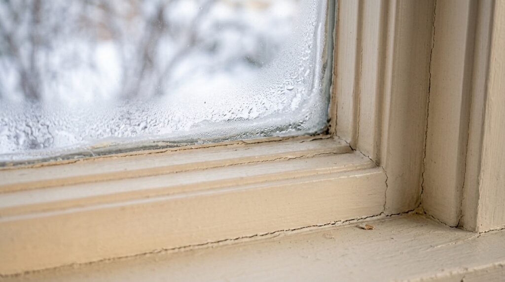 Frosted window close-up reveals chilly winter scene and beautiful ice patterns.