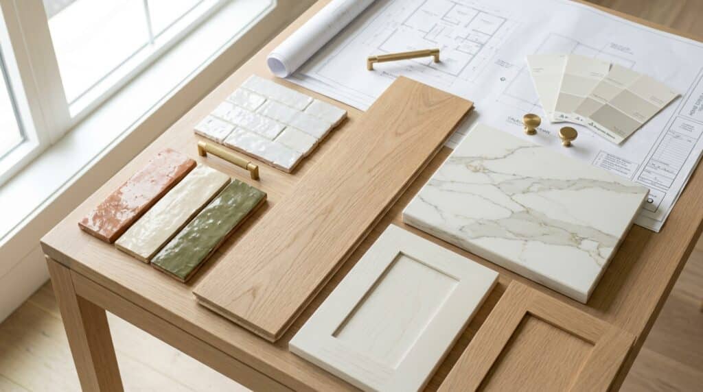 Sample interior materials and design elements arranged on a wooden table for project planning.