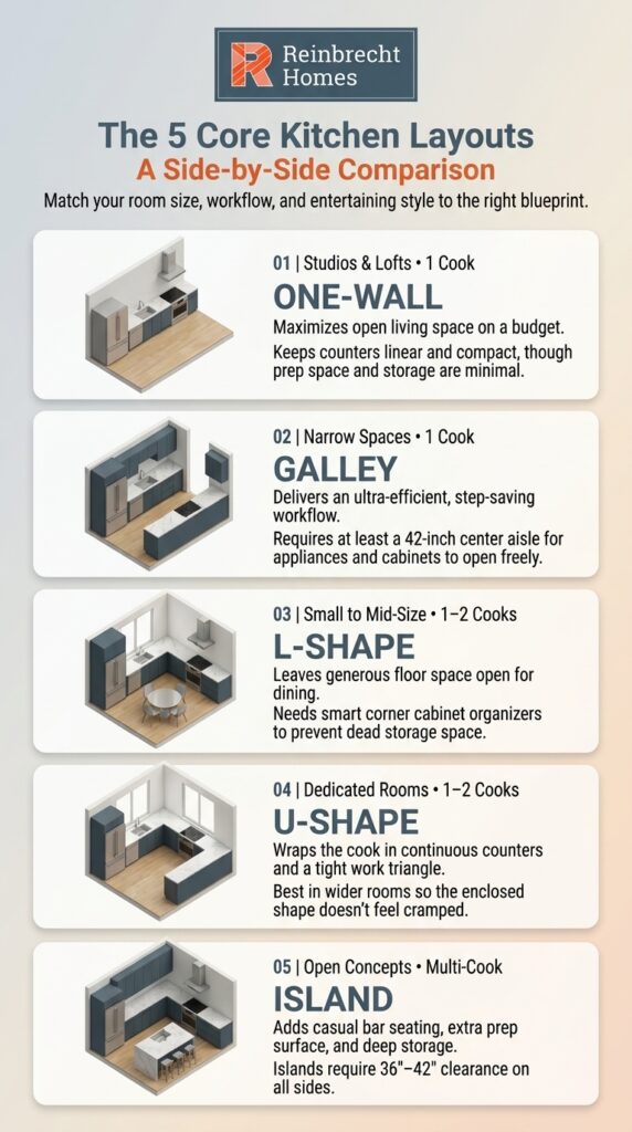 Kitchen layouts comparison for new construction, showcasing optimal dimensions for various designs.