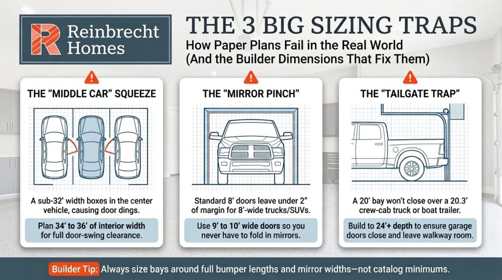 Common car sizing issues include mirror pinch and tailgate trap in garage designs.