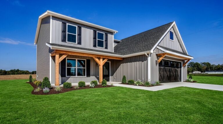 Modern farmhouse exterior featuring a stylish design and lush green landscaping.
