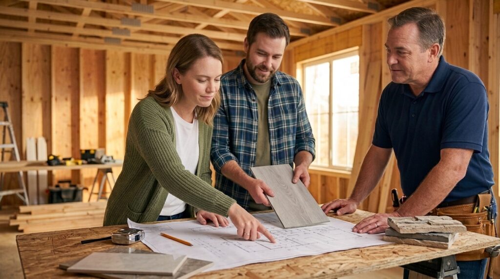 Planning home renovation ideas with a team reviewing blueprints and material samples.