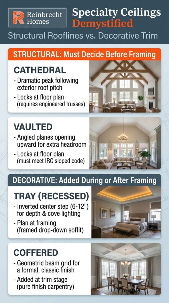 Explore specialty ceilings to enhance standard ceiling height in new construction homes.
