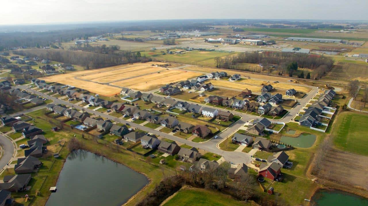 Aerial view of the Poet Square neighborhood in Evansville, Indiana