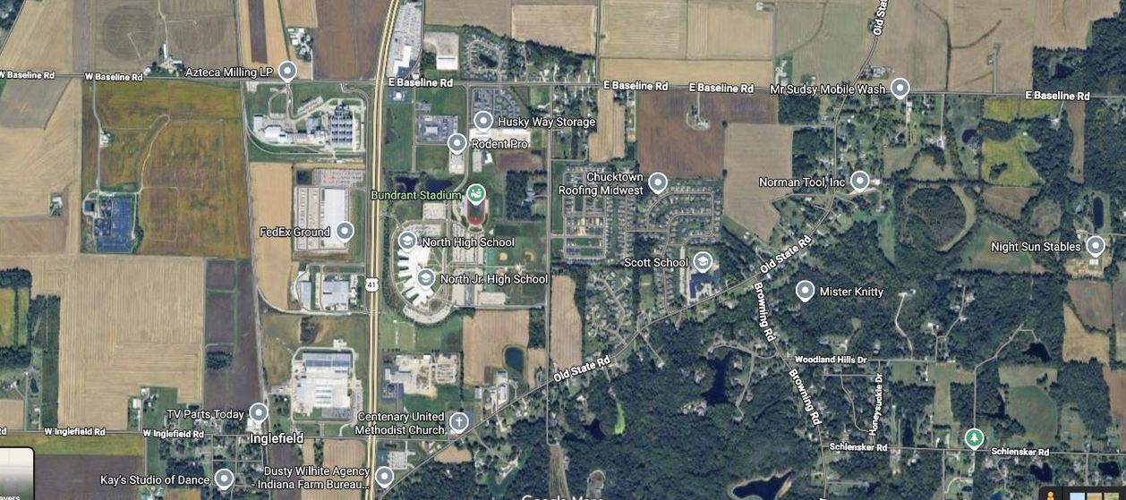 Satellite map showing Poet Square in northern Evansville, Indiana