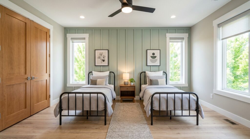 Stylish twin bedroom setup with natural light and cozy decor for relaxation.