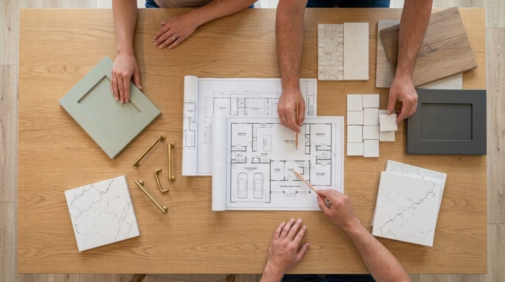 Collaborative design planning session with architectural plans and material samples on the table.