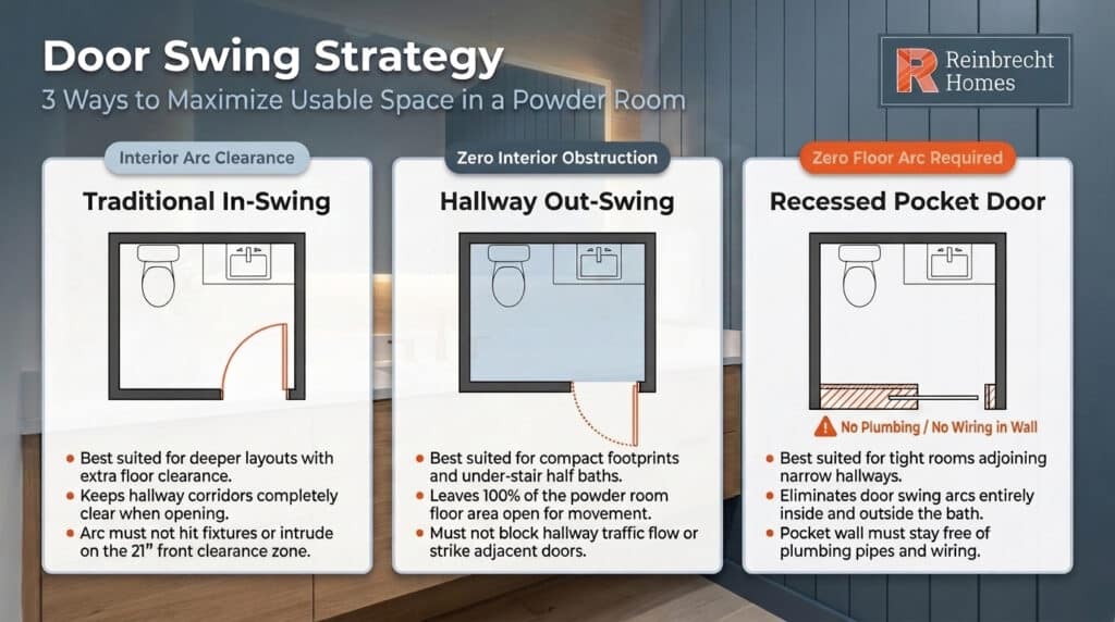 Powder room door swing strategies for optimal half bath dimensions and space efficiency.